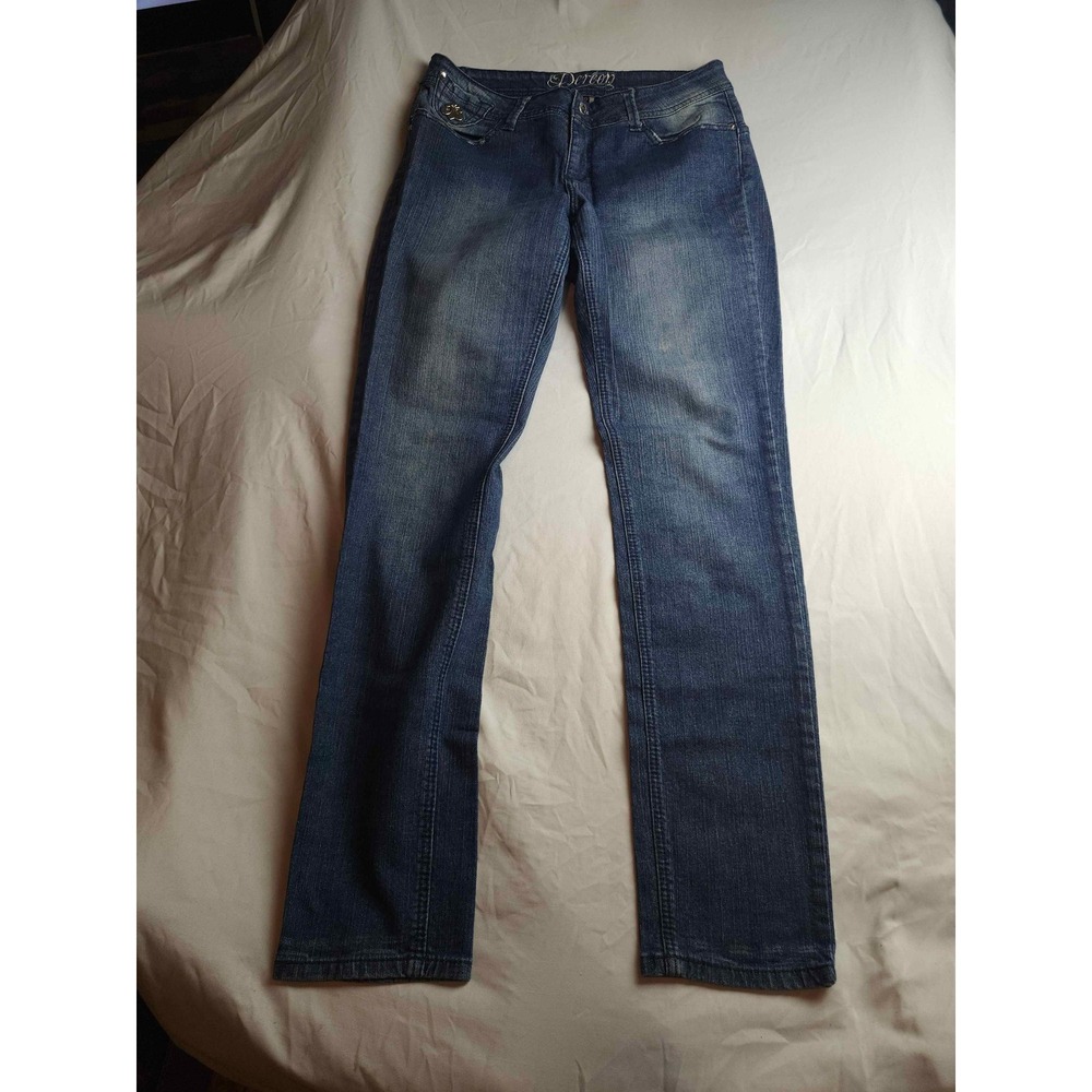 Dereon Womens Straight Leg Blue Denim Jeans Embroidered Pockets Size 9/10 Y2K